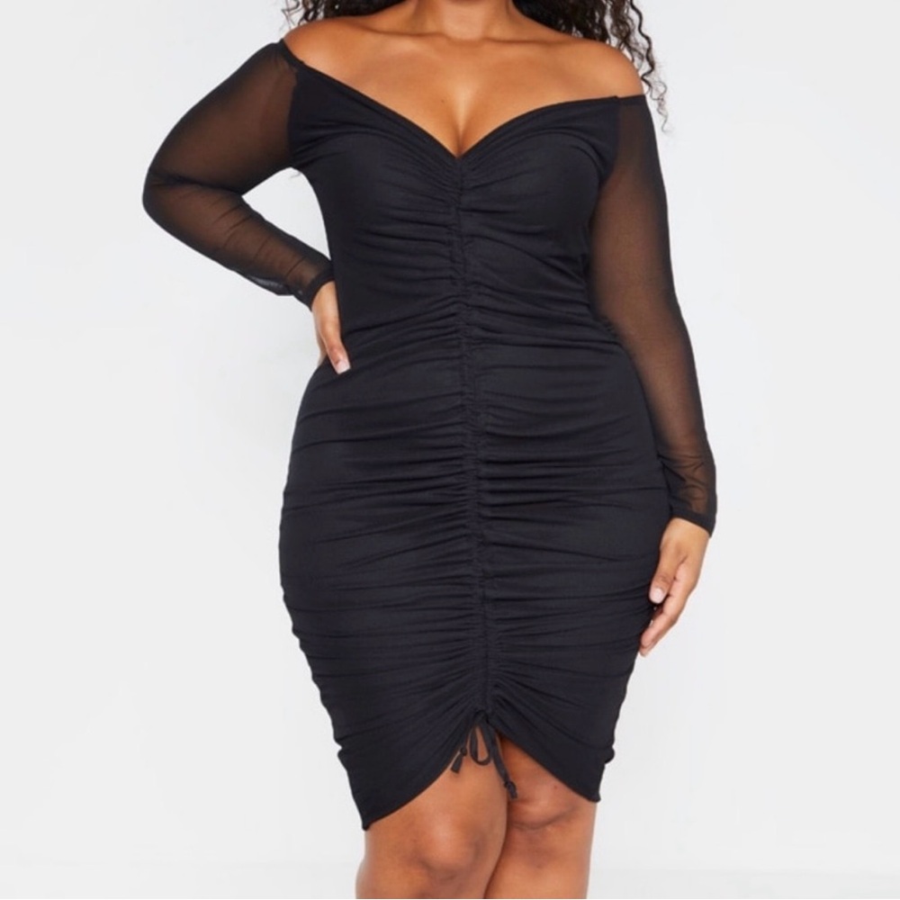 PrettyLittleThing Black Ruched Off-Shoulder Dress